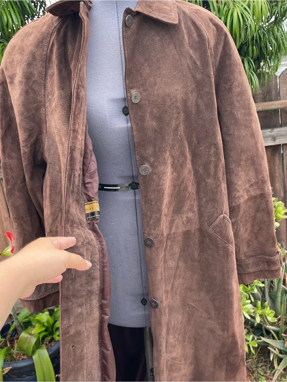 Vintage Y2K Express Women's Brown Suede Leather Trench Coat - size L - Picture 2 of 14